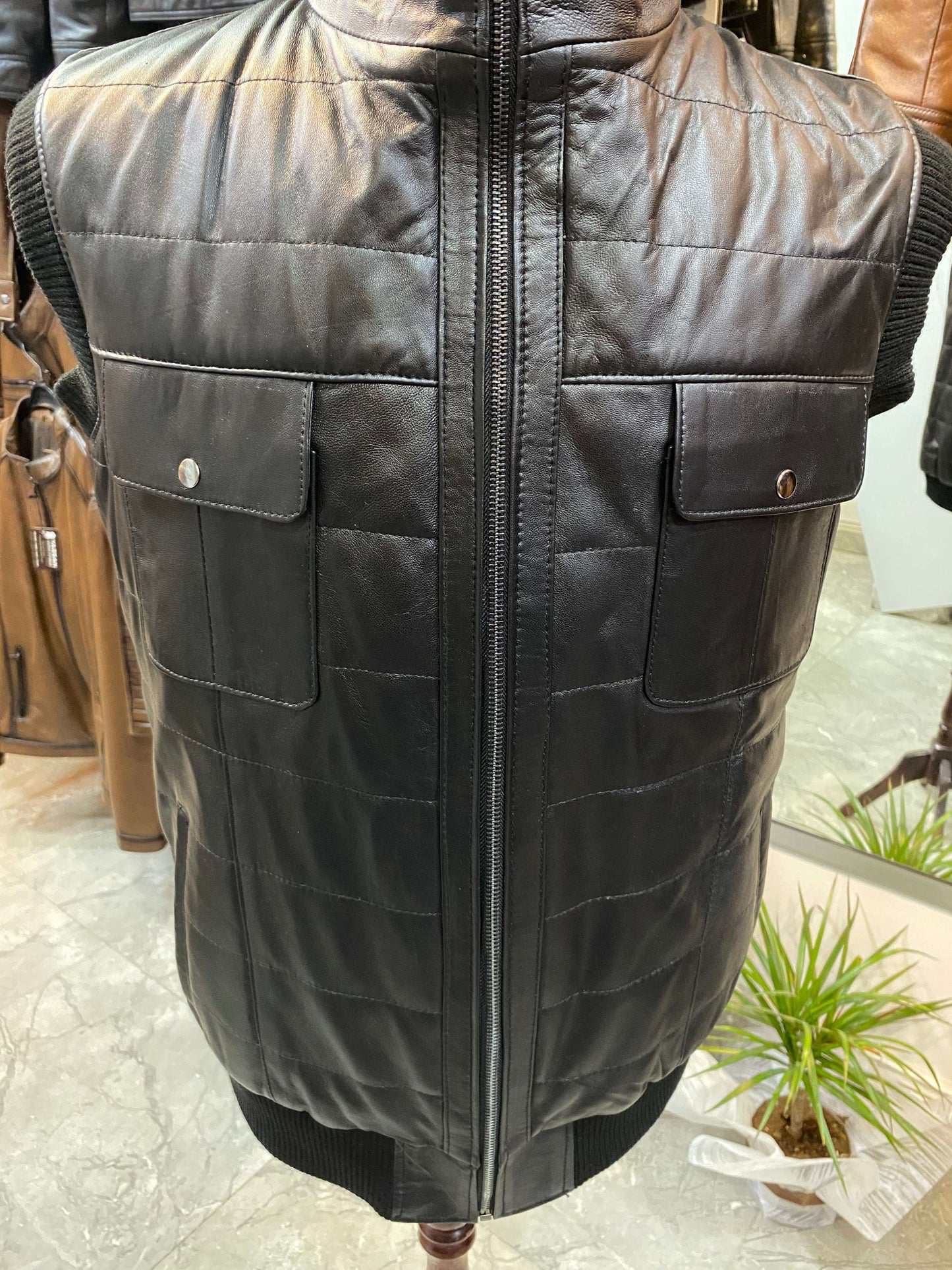 Deri Yelek|Kuzu Derisi|Yün Taban|Siyah