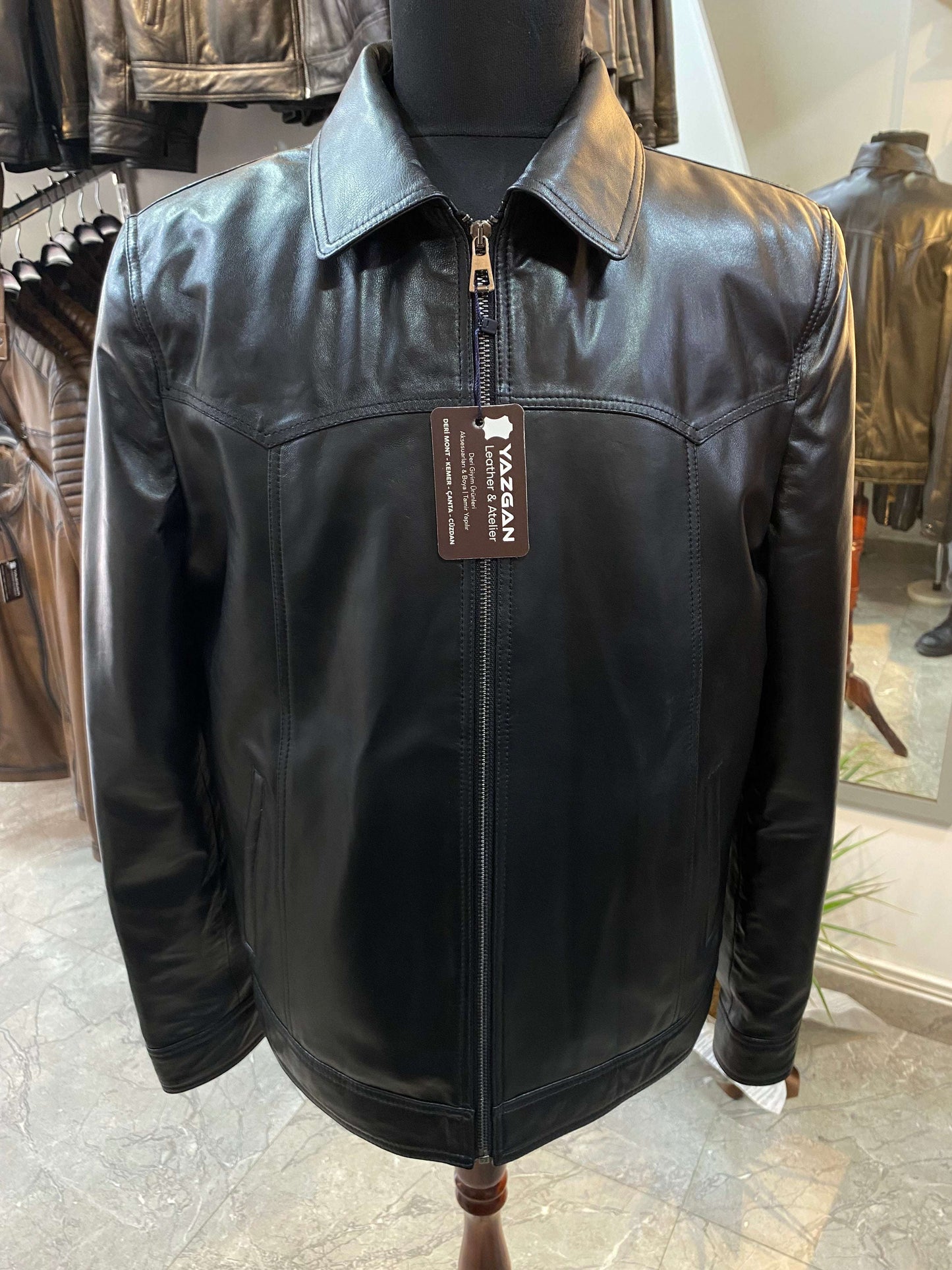 Deri Mont|Yakalı|Klasik Düz|Kuzu Derisi|Siyah