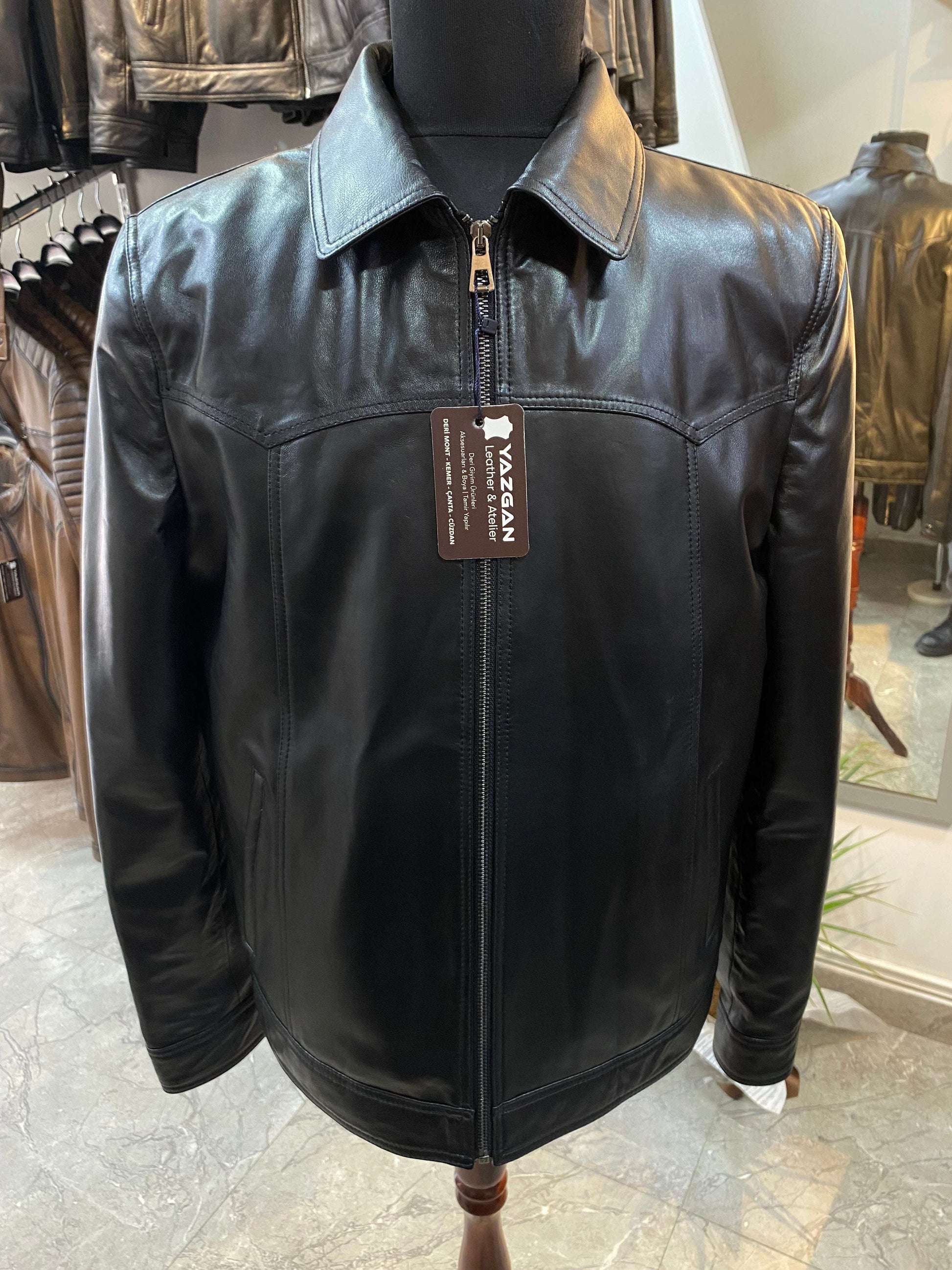 Deri Mont|Yakalı|Klasik Düz|Kuzu Derisi|Siyah