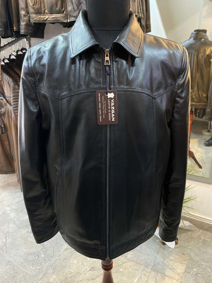 Deri Mont|Yakalı|Klasik Düz|Kuzu Derisi|Siyah