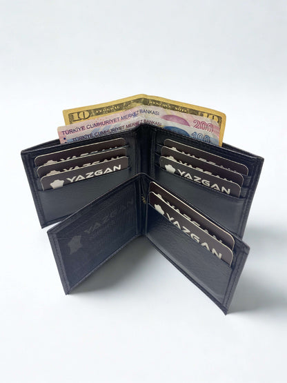 Hakiki Deri Cüzdan|İçten Ayrılan Ekstra Kartlık|Yan Model|Siyah