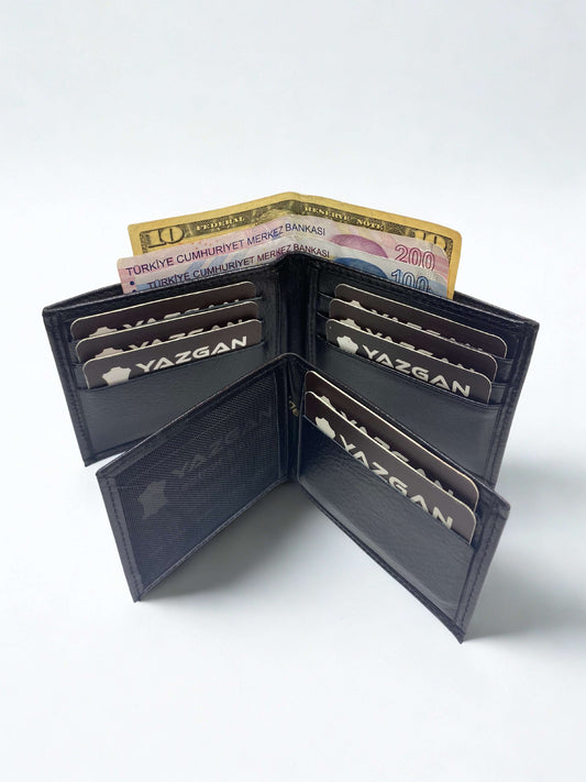 Hakiki Deri Cüzdan|İçten Ayrılan Ekstra Kartlık|Yan Model|Siyah