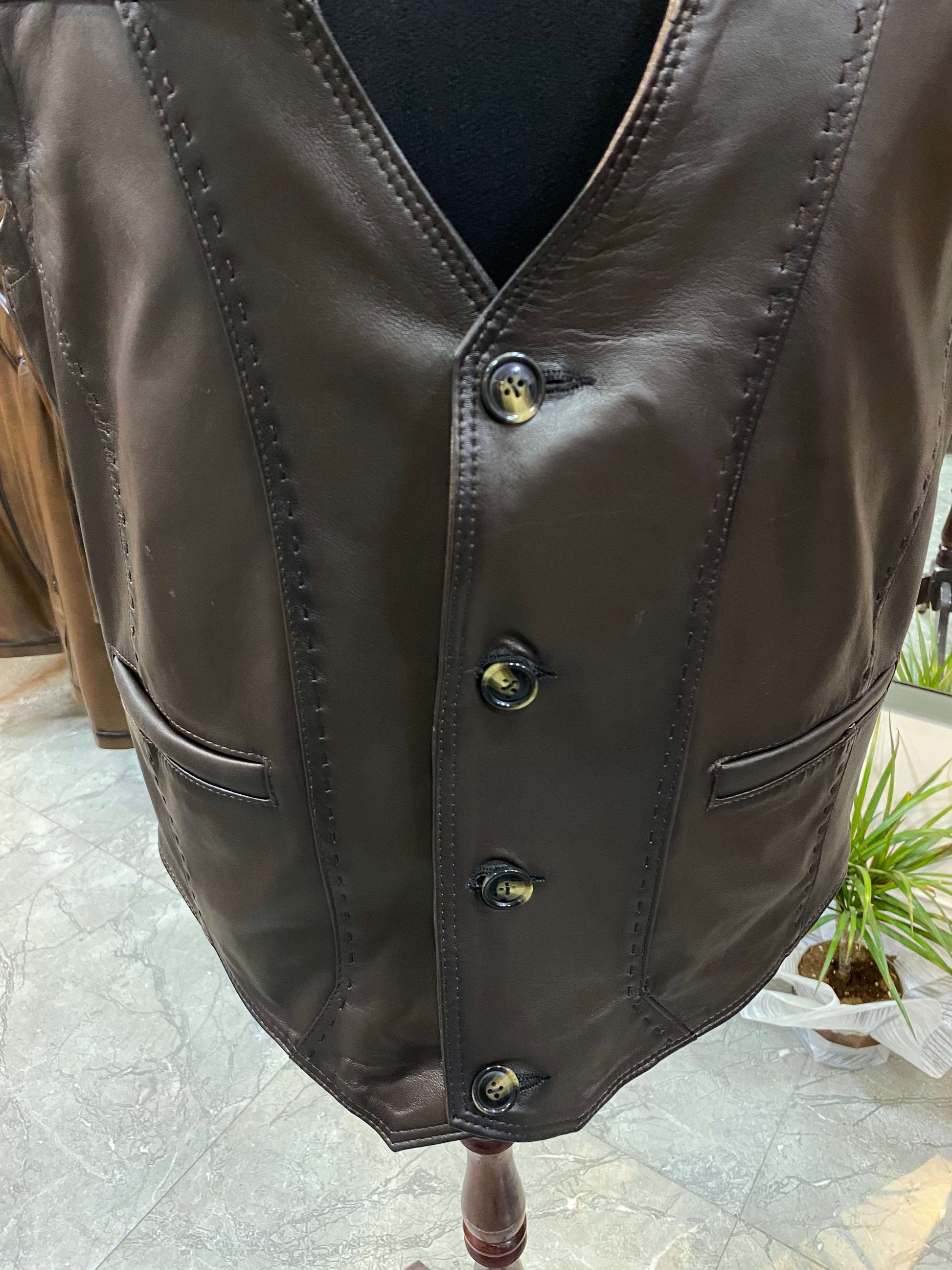 Deri Yelek|Kuzu Derisi|Koyu Kahve