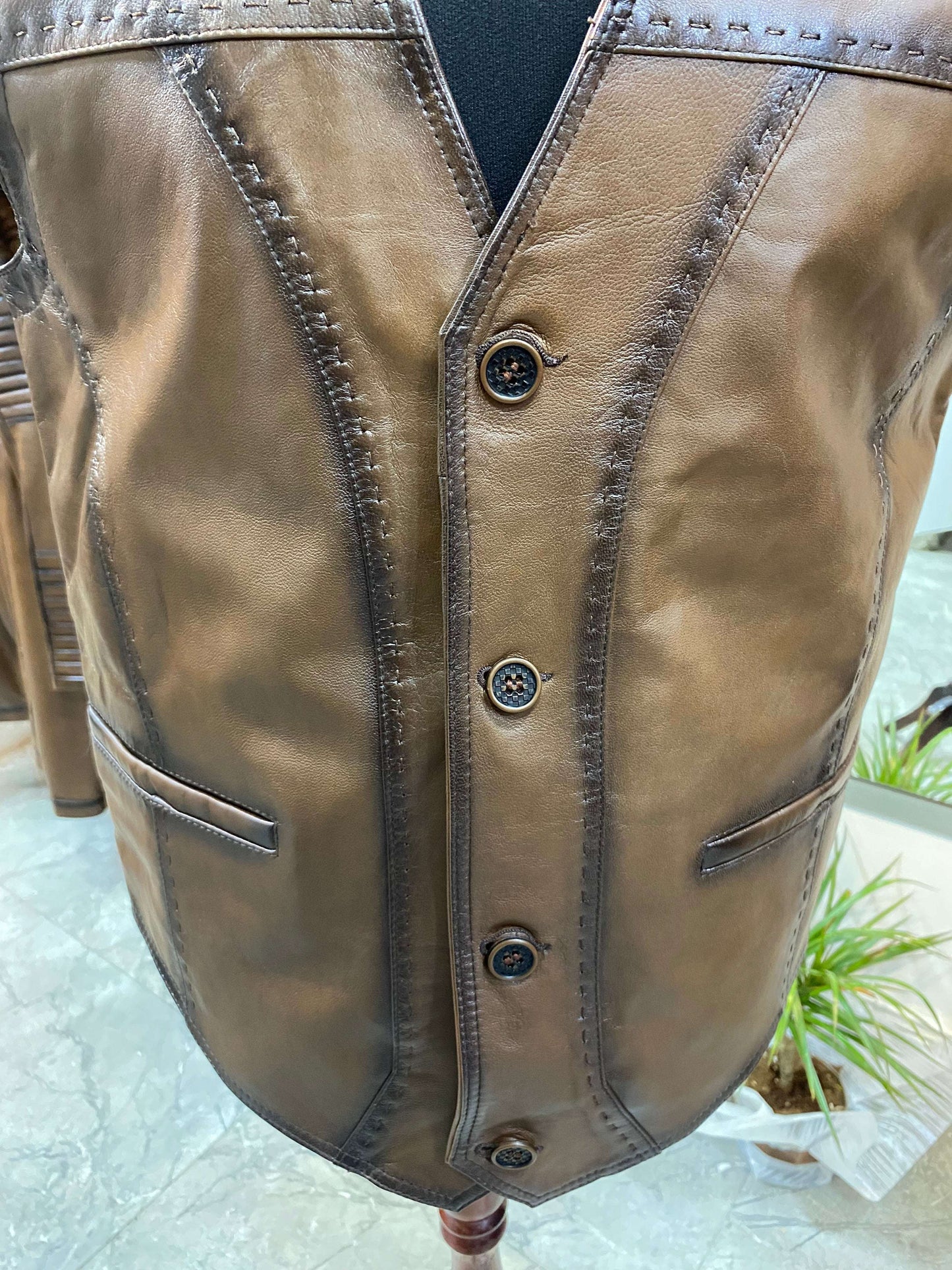 Deri Yelek|Kuzu Derisi|Antik Eskitme Kahve