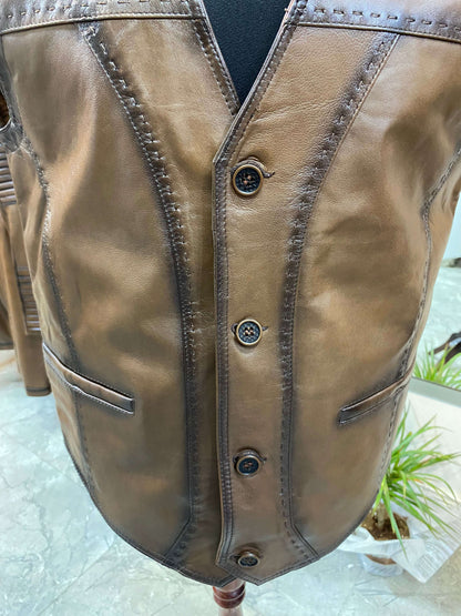 Deri Yelek|Kuzu Derisi|Antik Eskitme Kahve