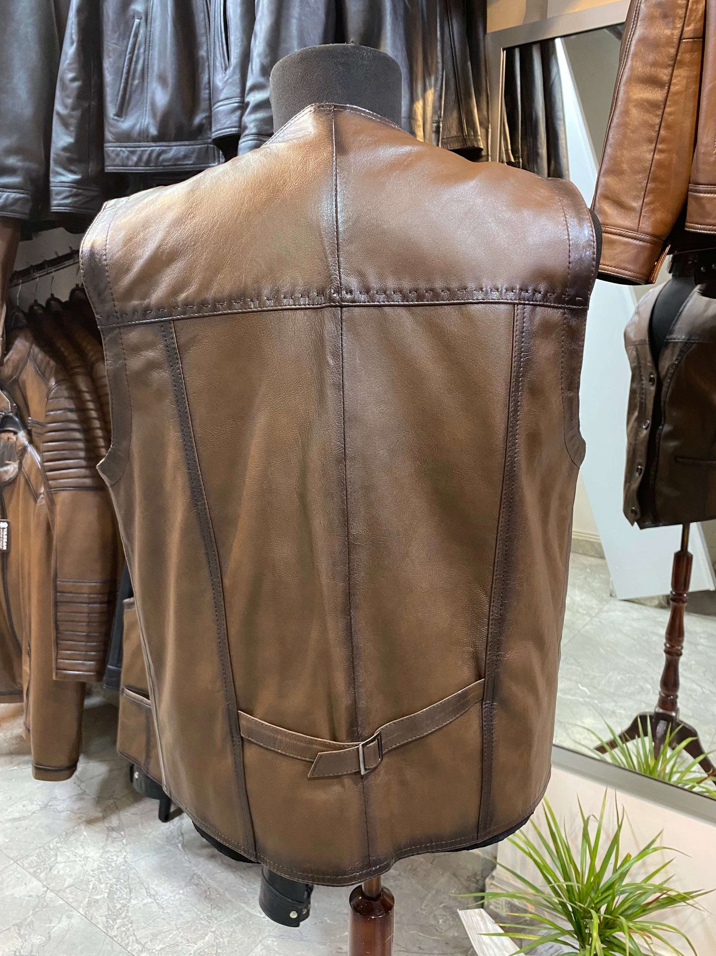 Deri Yelek|Kuzu Derisi|Antik Eskitme Kahve