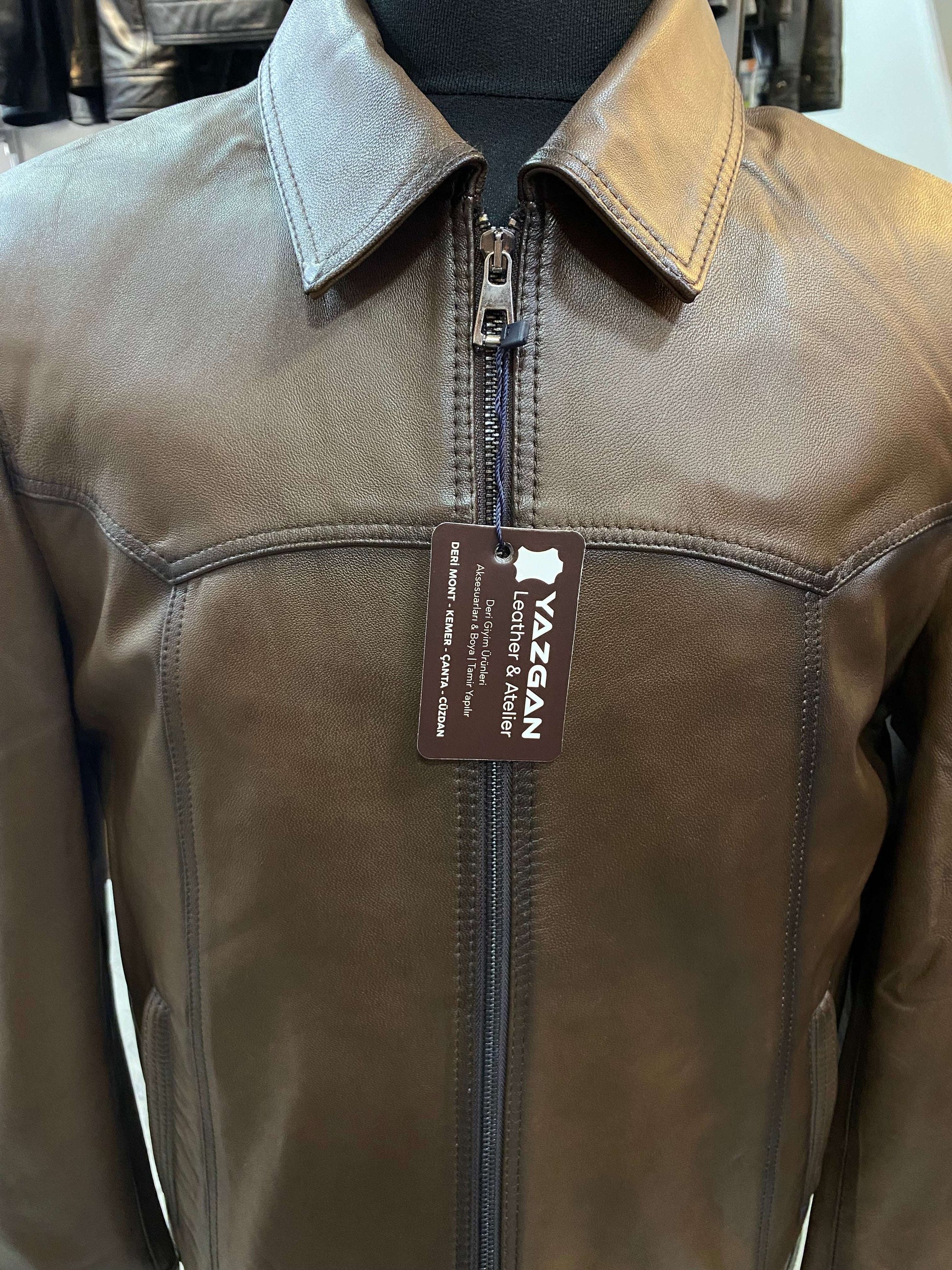 Deri Mont|Yakalı|Kuzu Derisi|Koyu Kahve