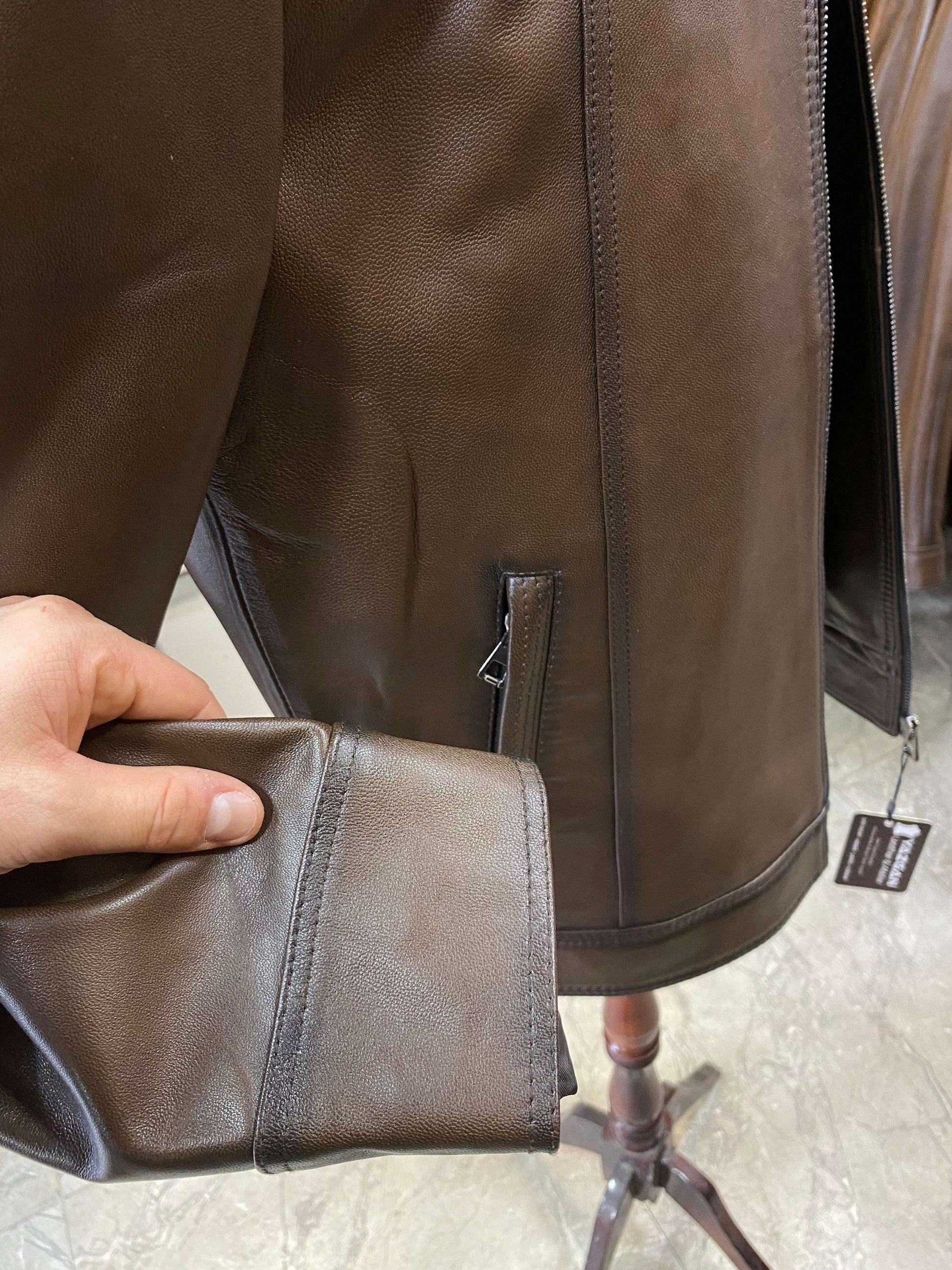 Deri Mont|Yakalı|Kuzu Derisi|Koyu Kahve