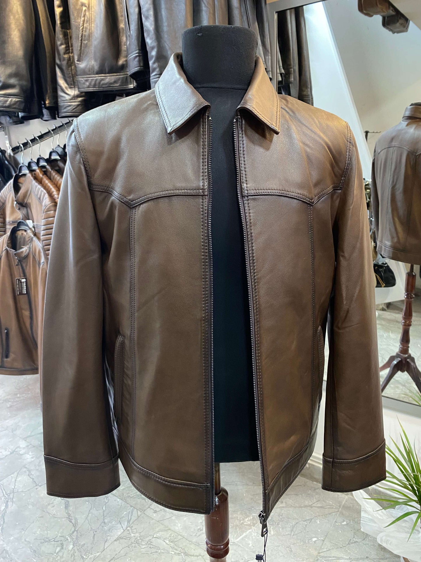 Deri Mont|Yakalı|Kuzu Derisi|Koyu Kahve