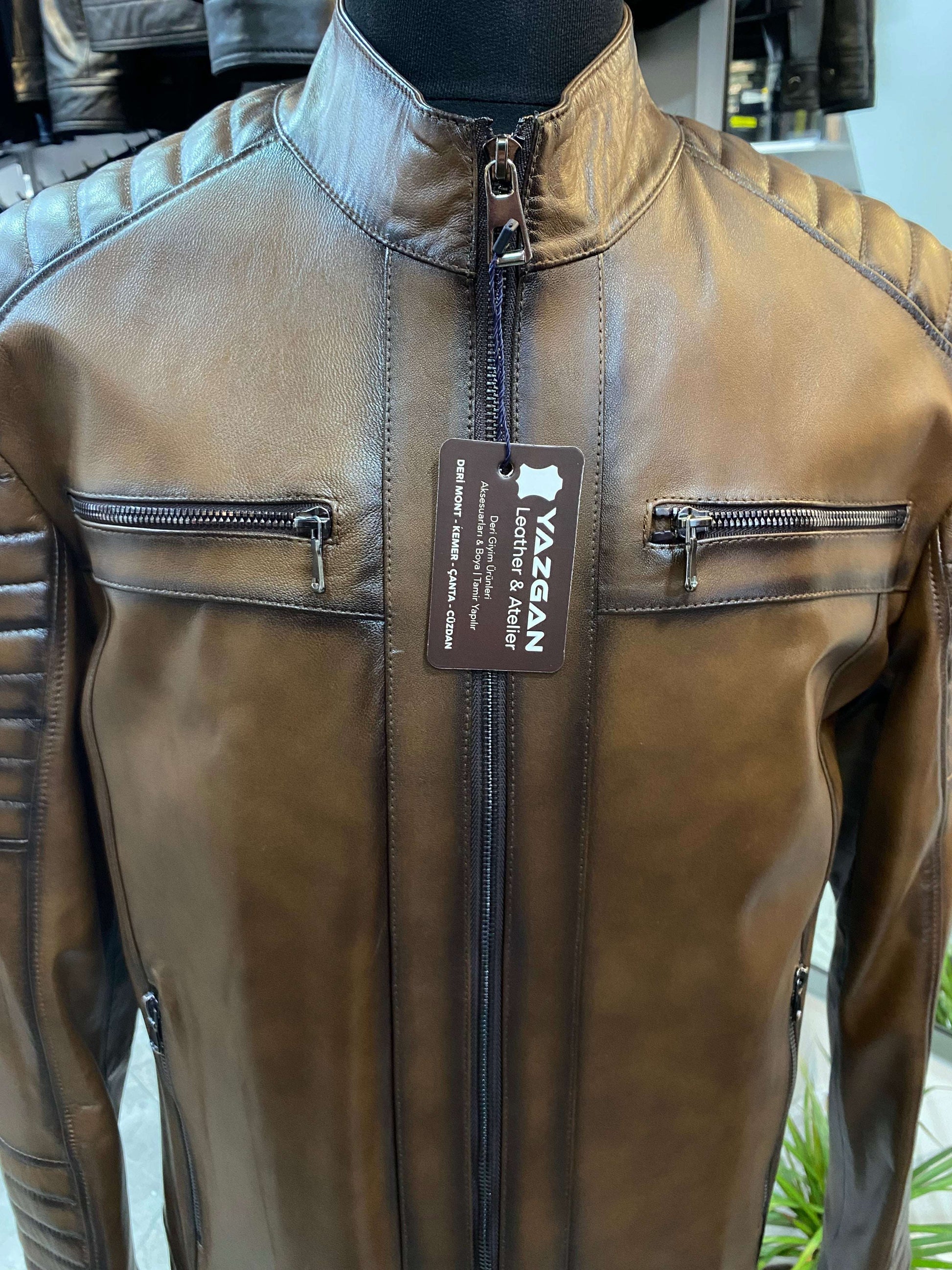 Deri Mont|Motorcu Model|Hakim Yaka|Kuzu Derisi|Antik Kahve