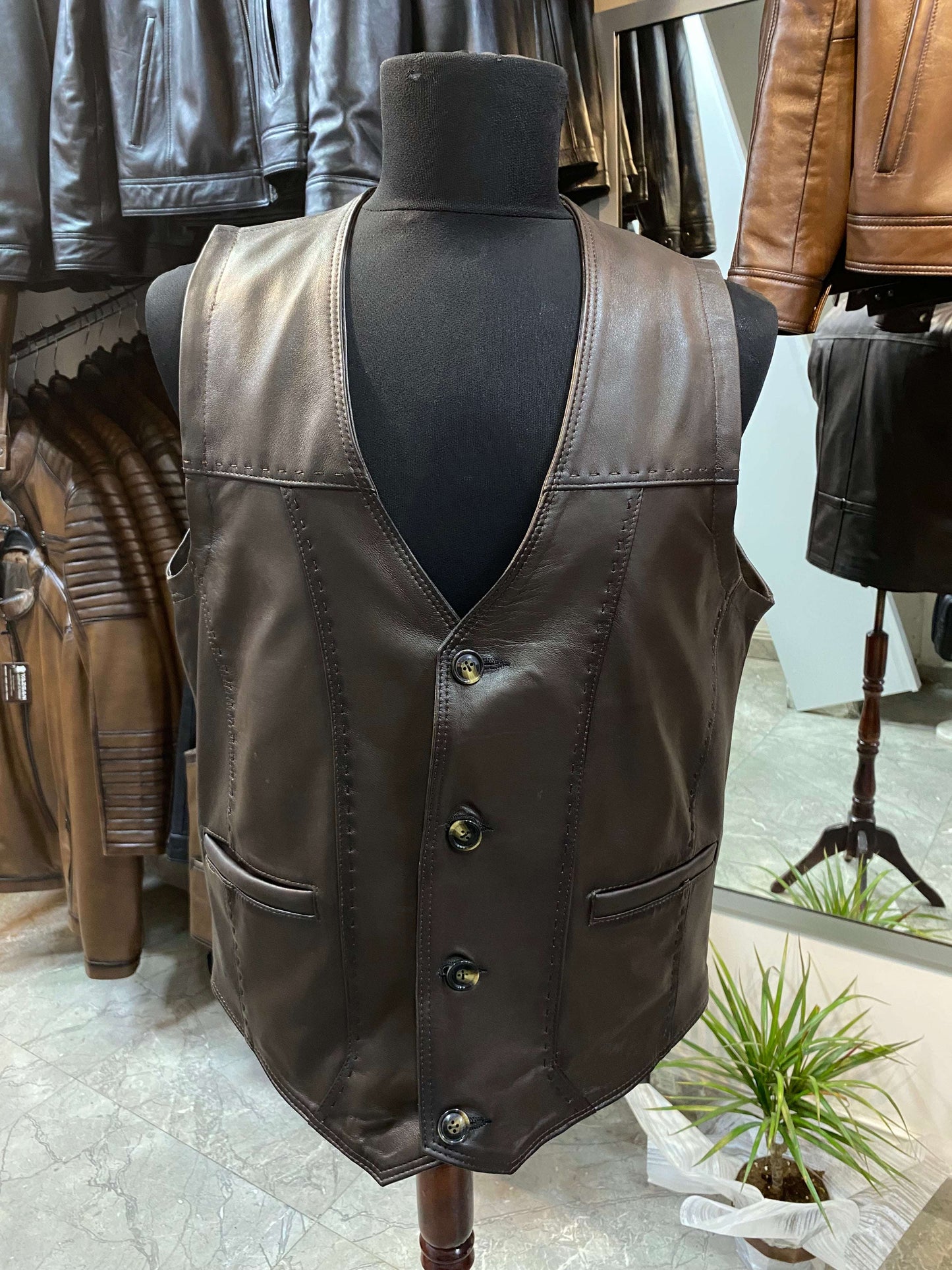 Deri Yelek|Kuzu Derisi|Koyu Kahve