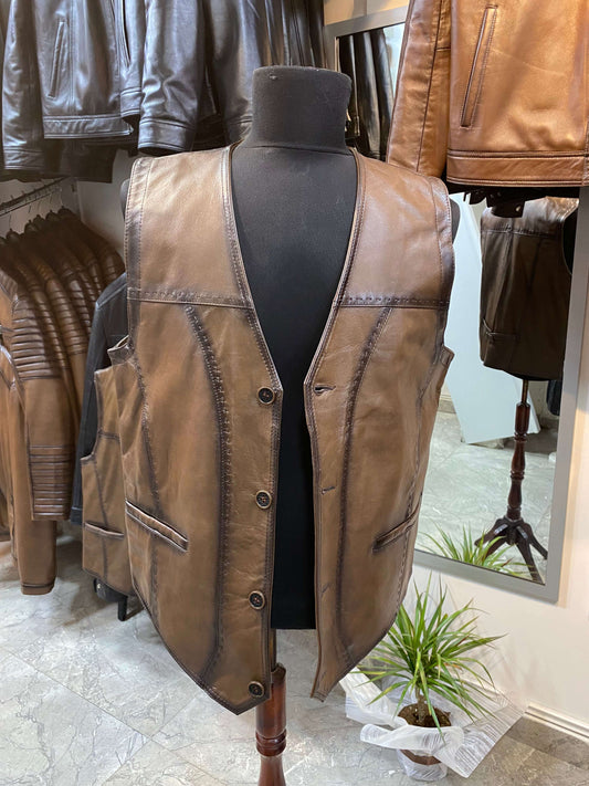 Deri Yelek|Kuzu Derisi|Antik Eskitme Kahve