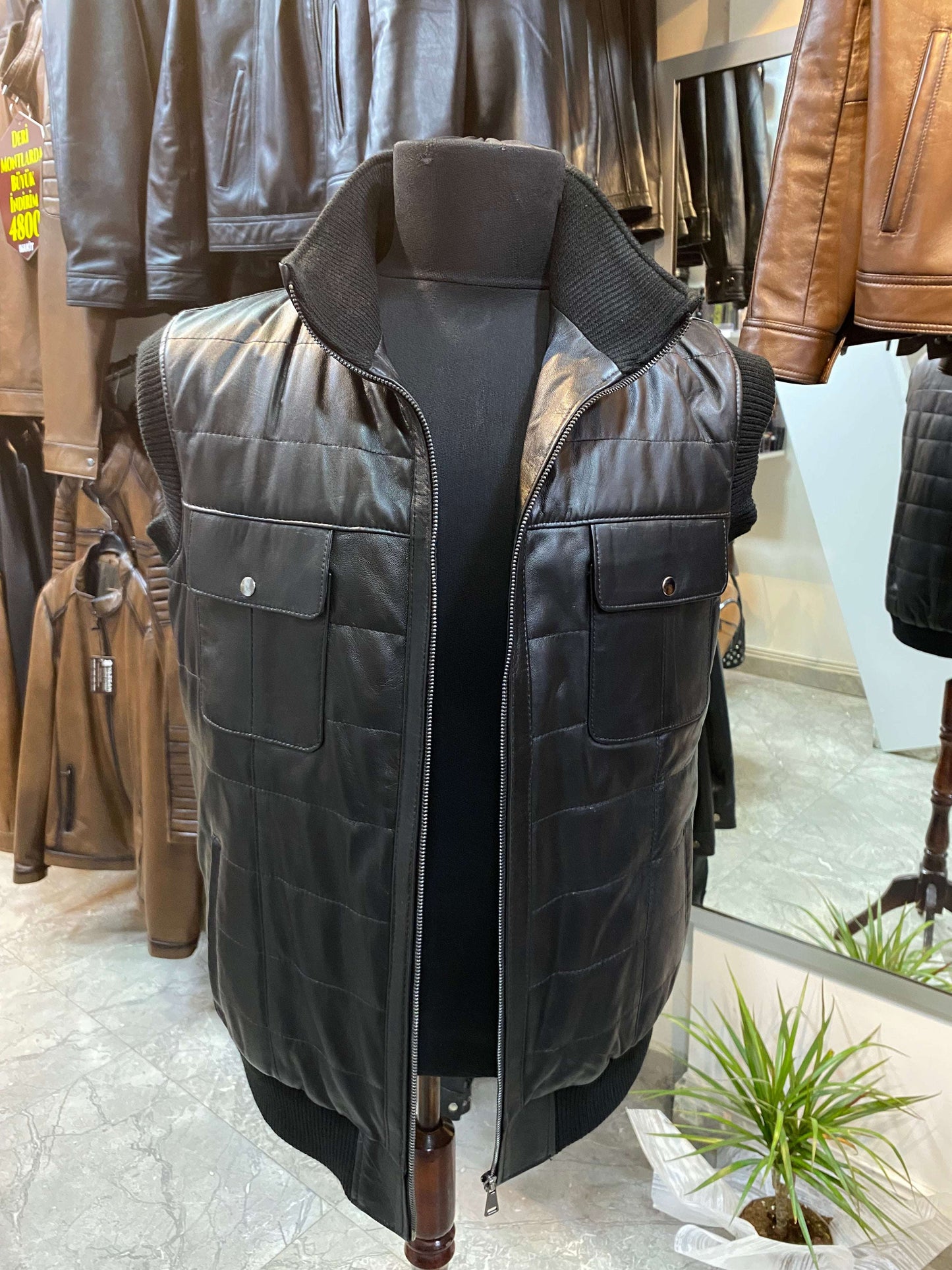 Deri Yelek|Kuzu Derisi|Yün Taban|Siyah