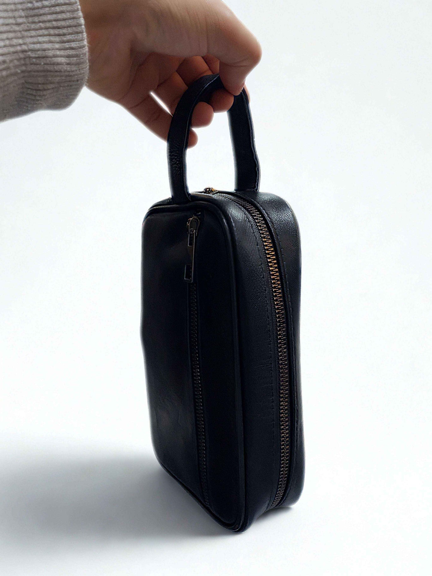 Deri El Çantası|Traşlık|Çift Fermuar|Kuzu Derisi