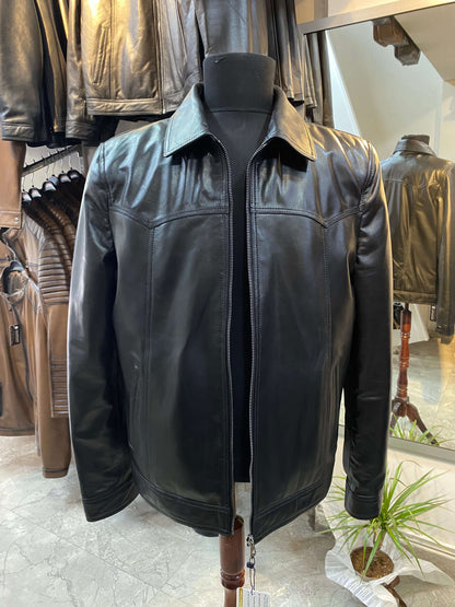 Deri Mont|Yakalı|Klasik Düz|Kuzu Derisi|Siyah