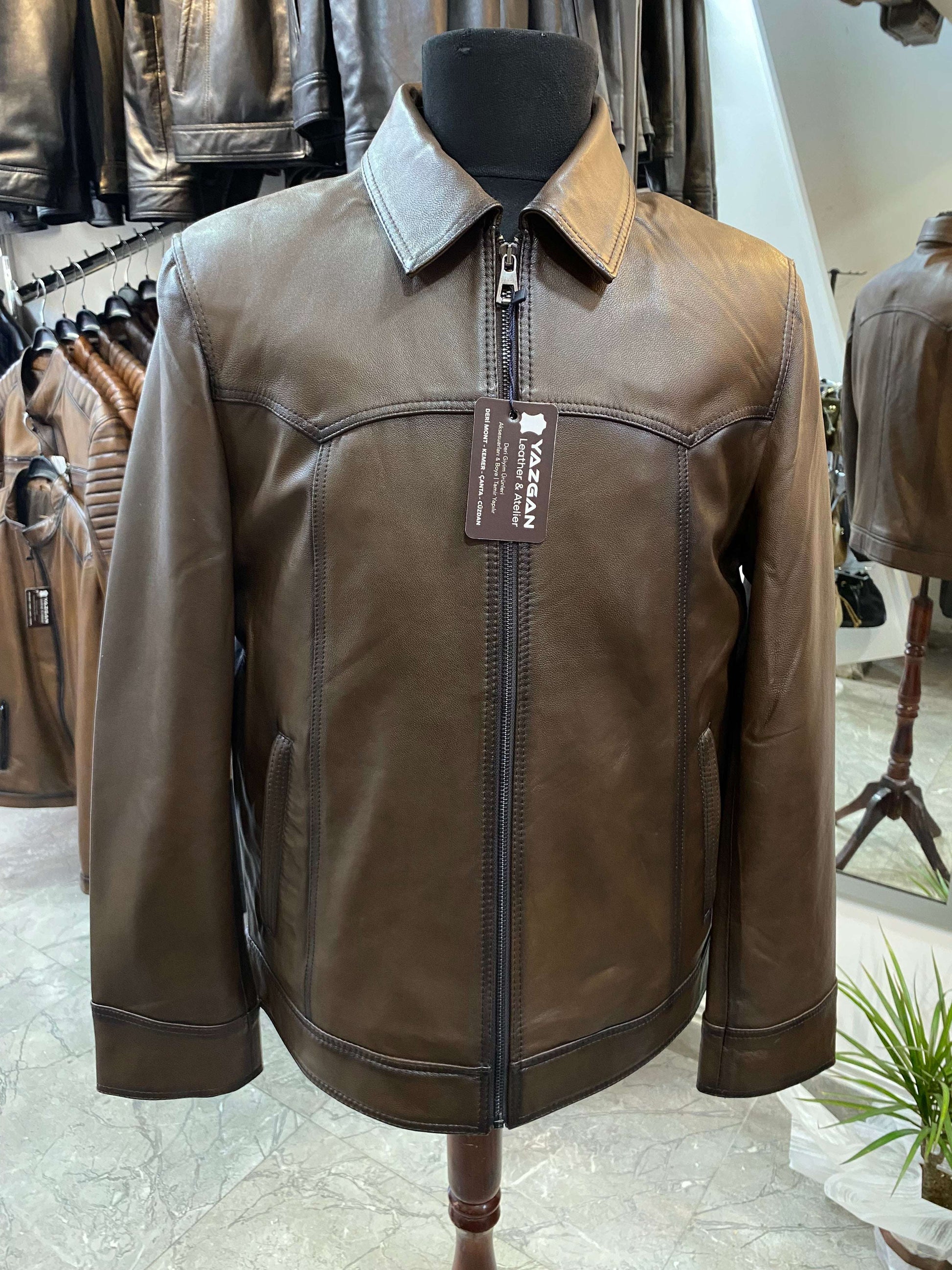 Deri Mont|Yakalı|Kuzu Derisi|Koyu Kahve