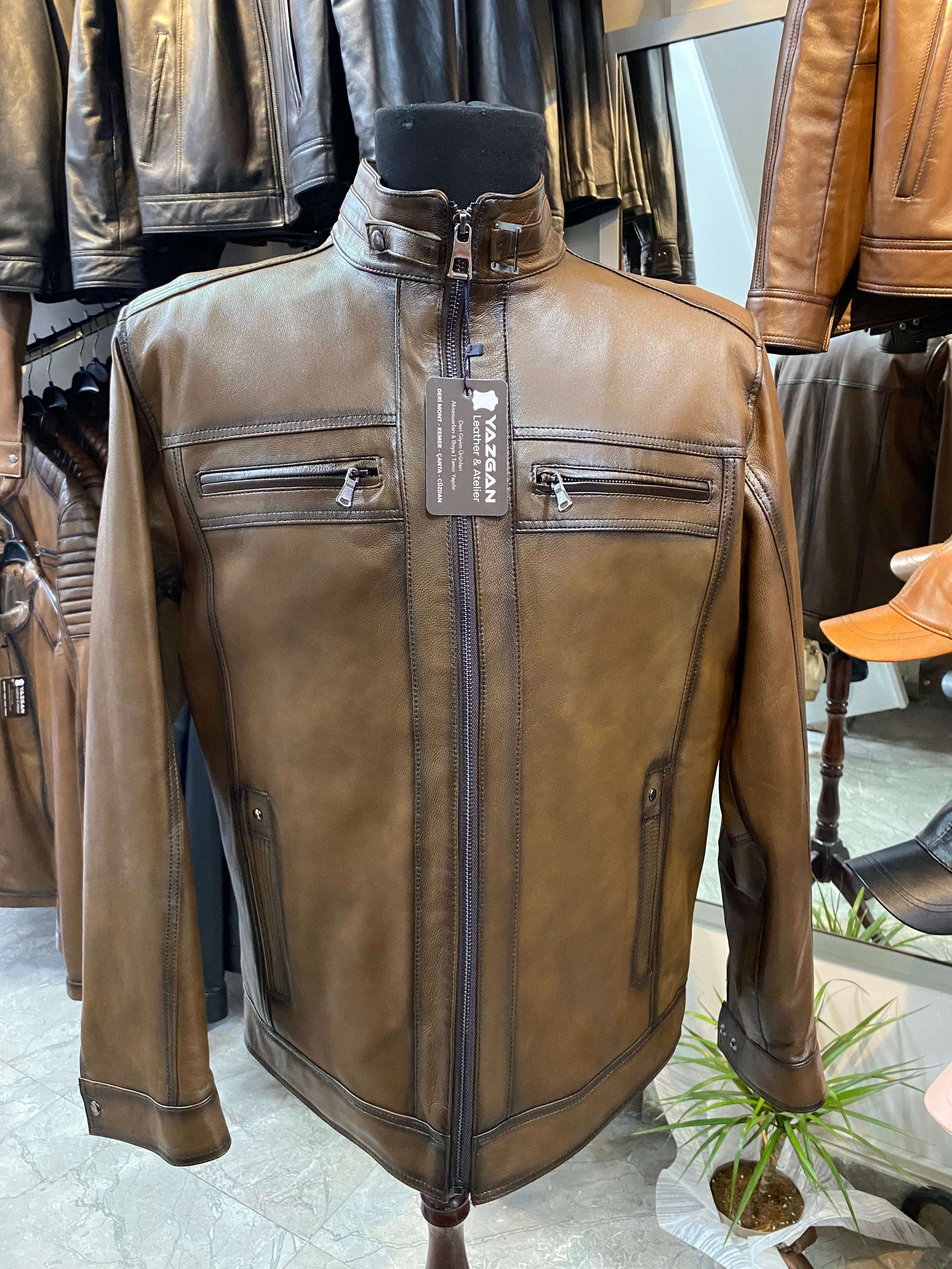 Deri Mont|Hakim Yaka|Kuzu Derisi|Antik Açık Kahve