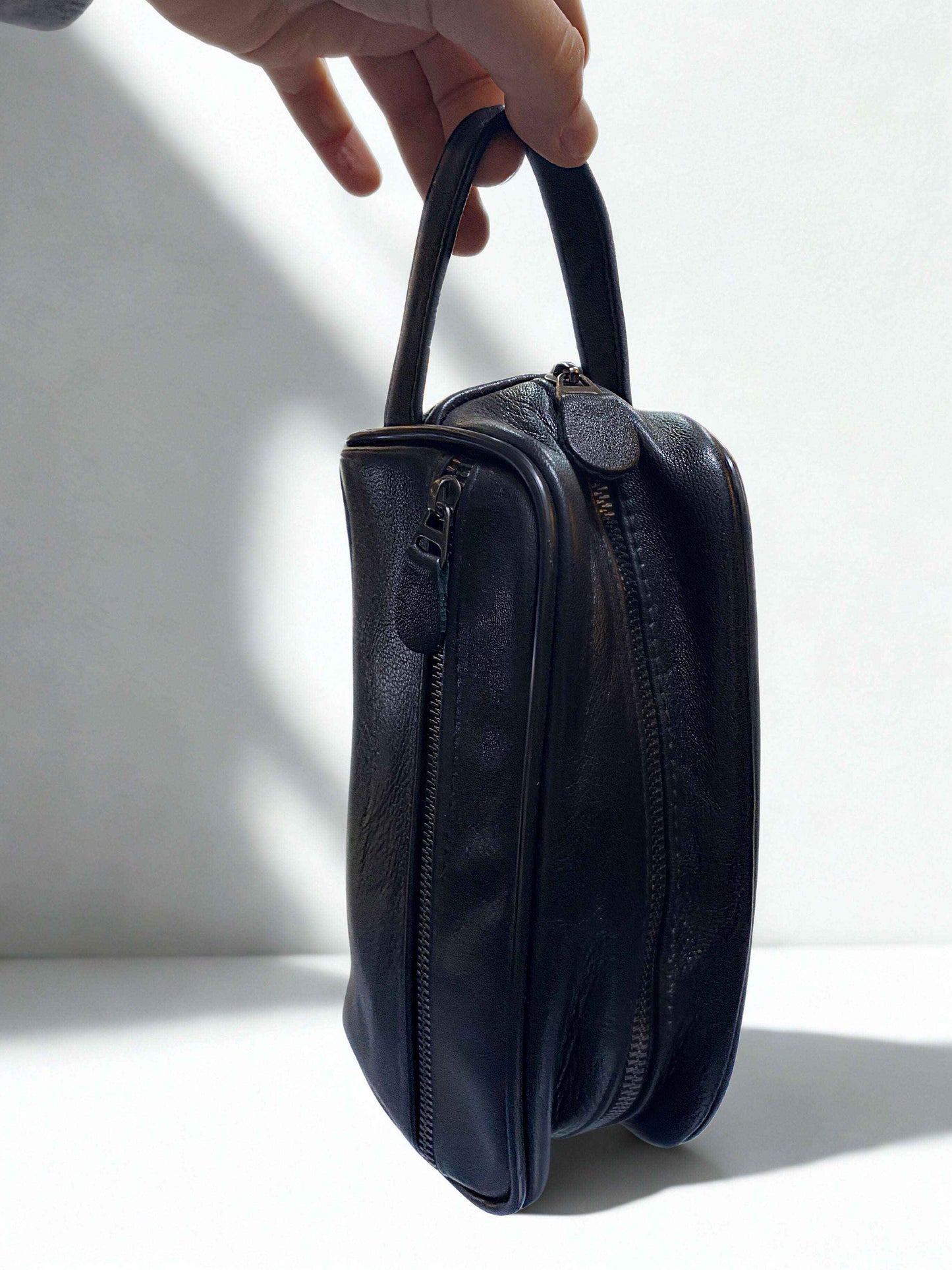 Deri El Çantası| Çift Fermuar|Kuzu Derisi|Gizli Bölme