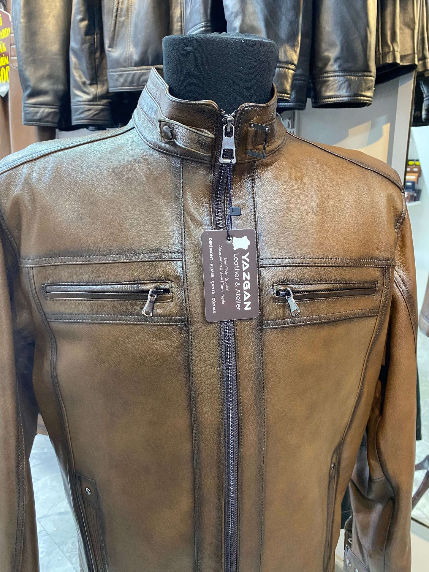 Deri Mont|Hakim Yaka|Kuzu Derisi|Antik Açık Kahve