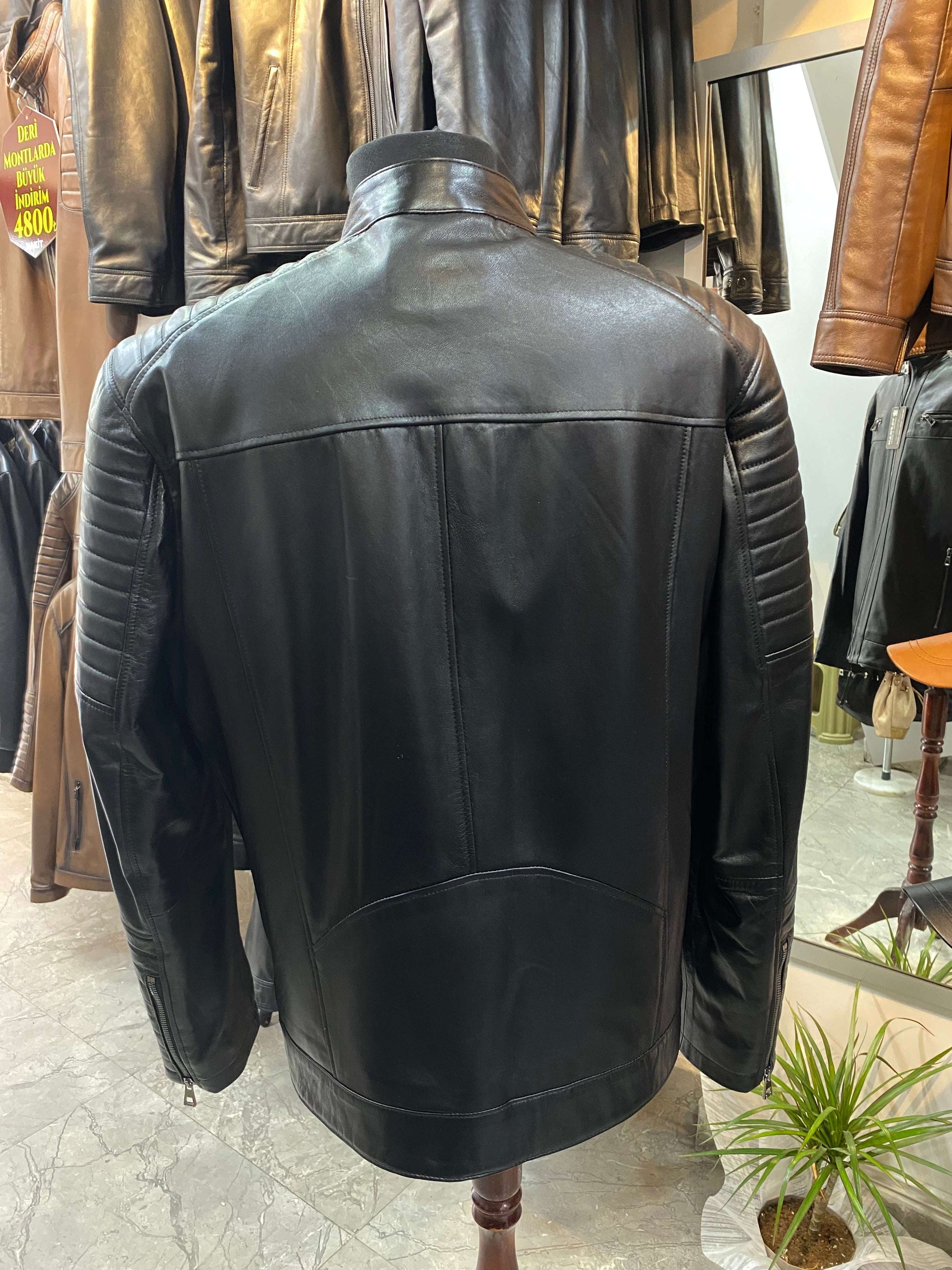 Deri Mont|Motorcu Model|Hakim Yaka|Kuzu Derisi|Siyah