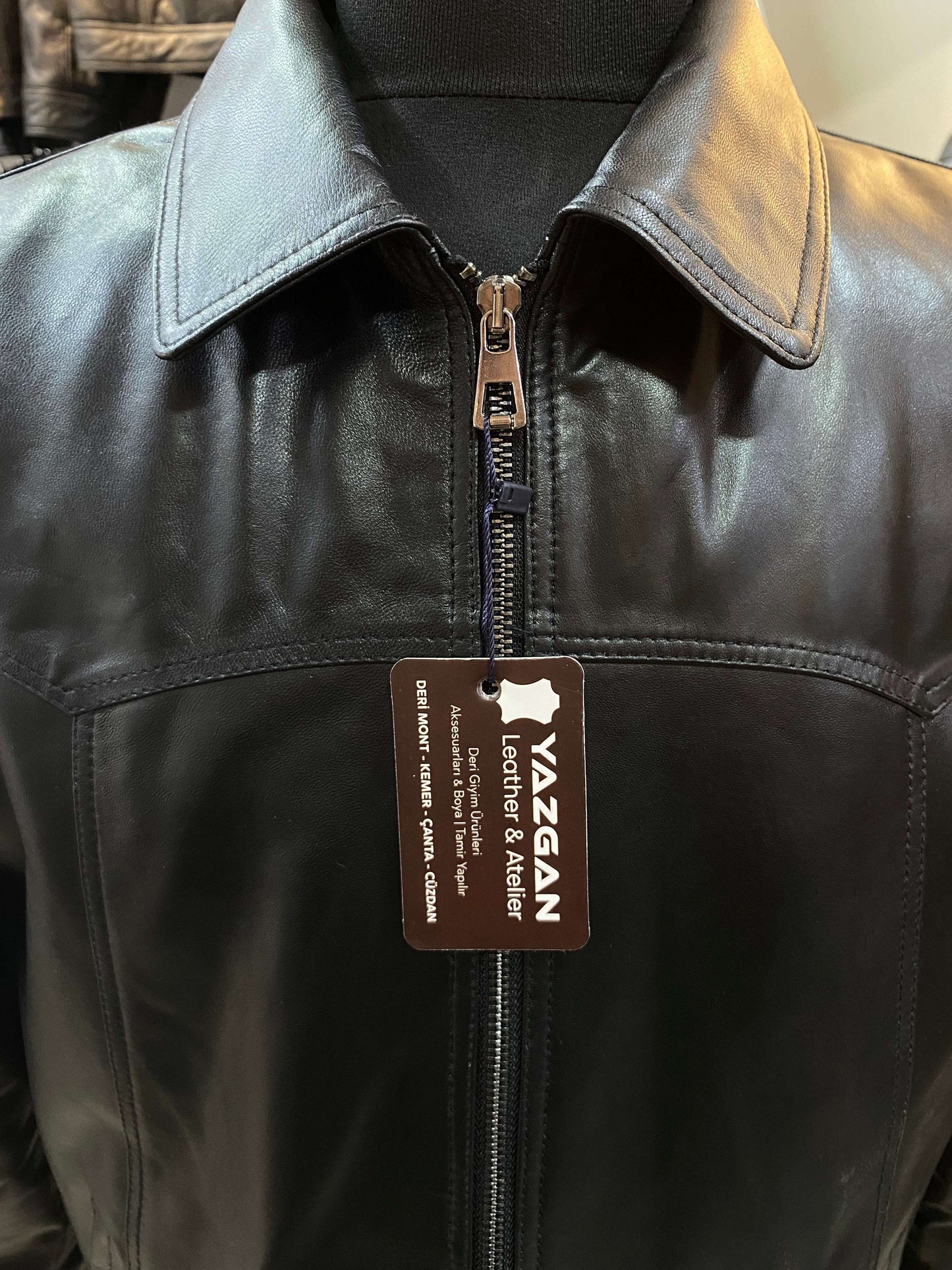 Deri Mont|Yakalı|Klasik Düz|Kuzu Derisi|Siyah