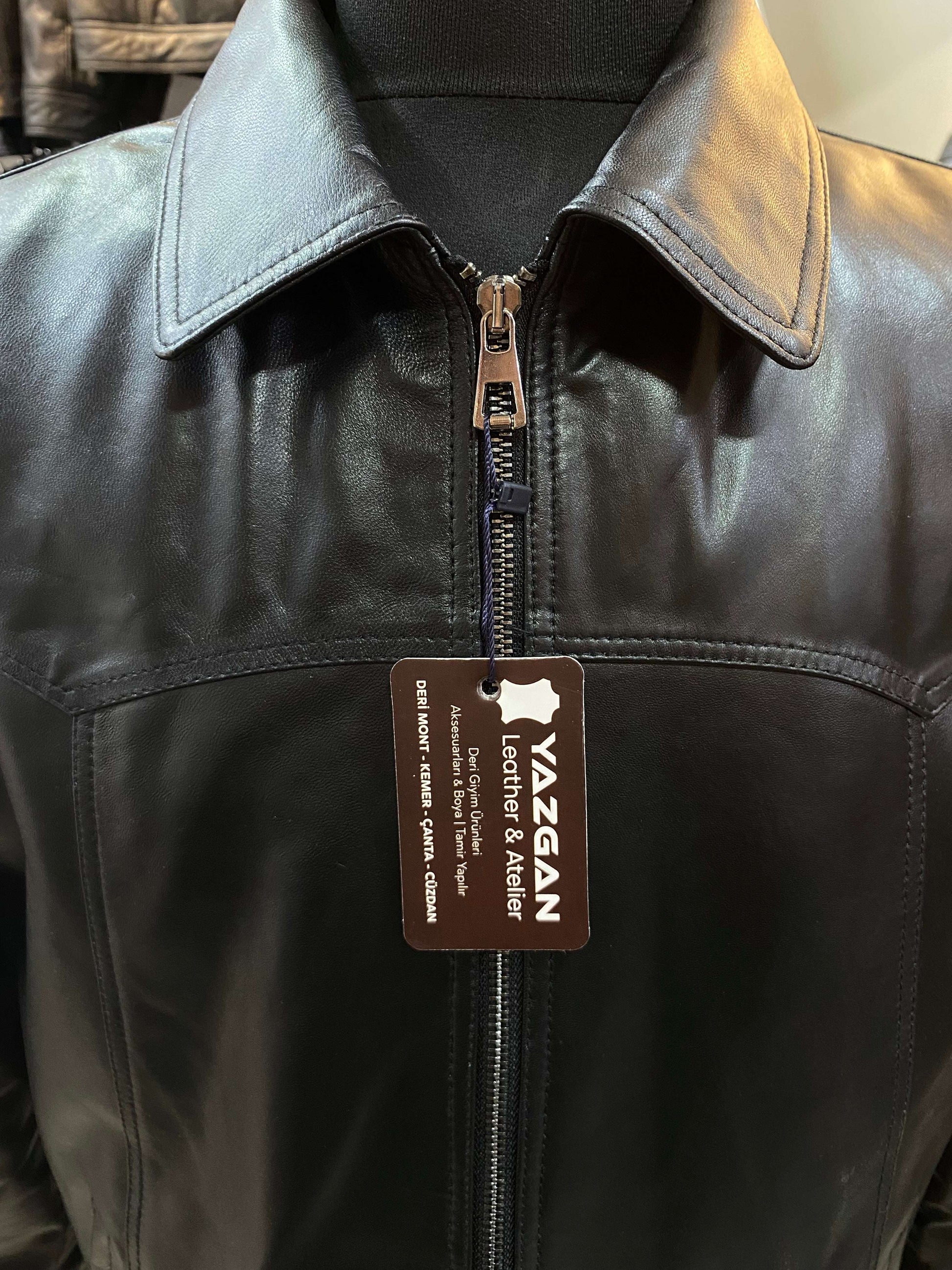 Deri Mont|Yakalı|Klasik Düz|Kuzu Derisi|Siyah