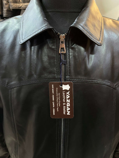 Deri Mont|Yakalı|Klasik Düz|Kuzu Derisi|Siyah