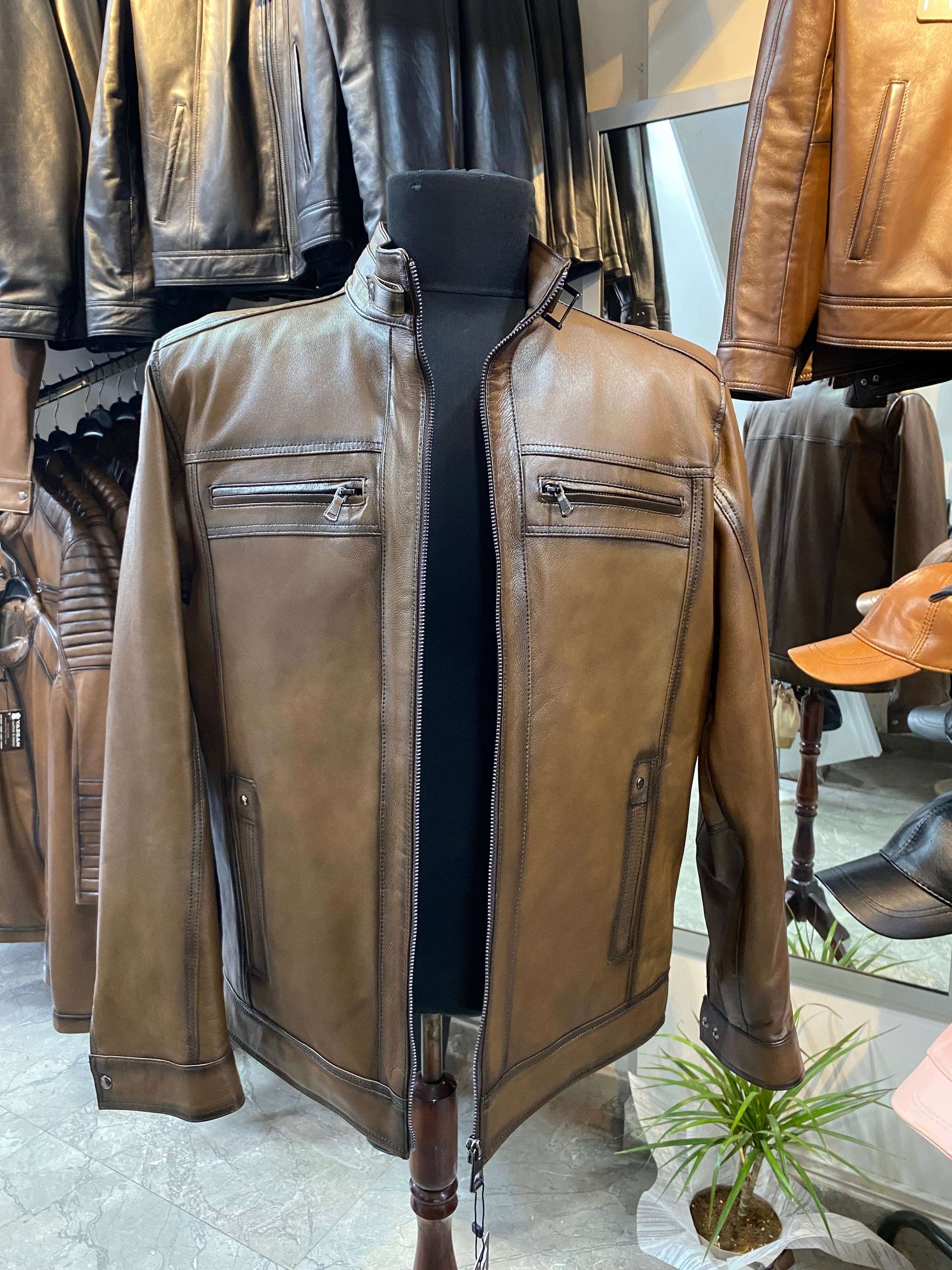 Deri Mont|Hakim Yaka|Kuzu Derisi|Antik Açık Kahve