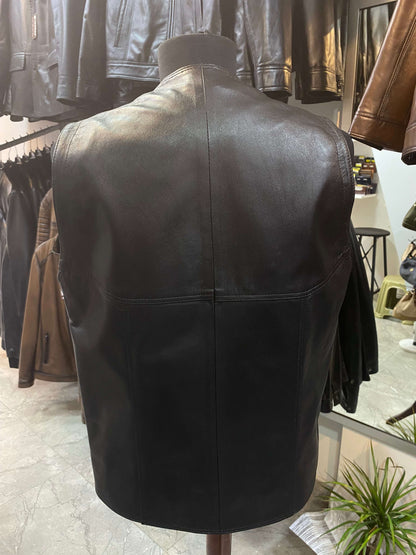 Deri Yelek|Kuzu Derisi|Yandan Cepli Model|Geniş Kalıp|Siyah