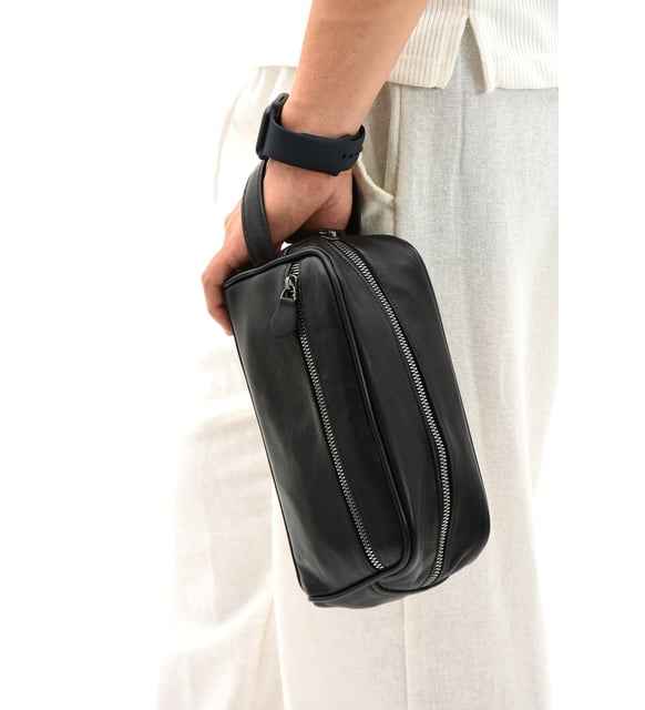 Deri El Çantası| Çift Fermuar|Kuzu Derisi|Gizli Bölme